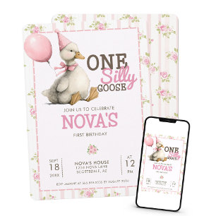 One Silly Goose Personalized Pink 1st Birthday Invitation