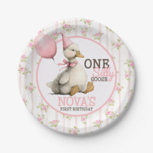 One Silly Goose Personalized Pink 1st Birthday Paper Plate