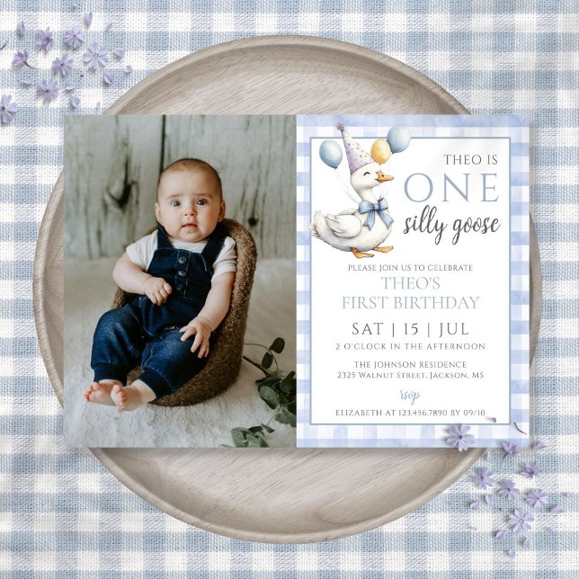 One Silly Goose Photo Blue Boy 1st Birthday Party Invitation (One Silly Goose Photo Blue Boy 1st Birthday Party Invitation)