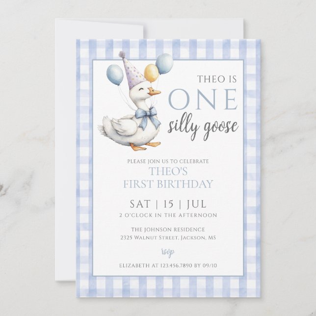 One Silly Goose Photo Blue Boy 1st Birthday Party Invitation (Front)