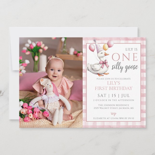 One Silly Goose Photo Pink Girl 1st Birthday Party Invitation (Front)
