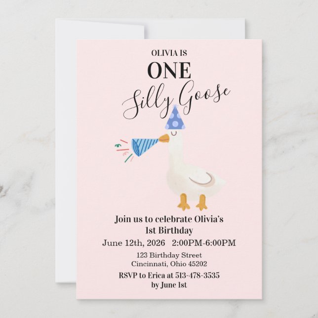 One Silly Goose Pink 1st Birthday Invite (Front)