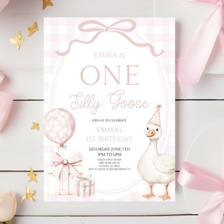 ONE Silly Goose Pink 1st Birthday Party Invitation