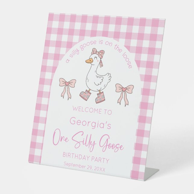 One Silly Goose Pink 1st Birthday Pedestal Sign (Front)