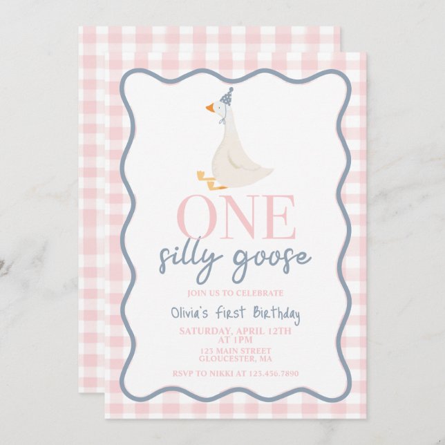 One Silly Goose pink and blue Invitation (Front/Back)