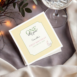 One Silly Goose Pink and Gingham 1st Birthday Napkin