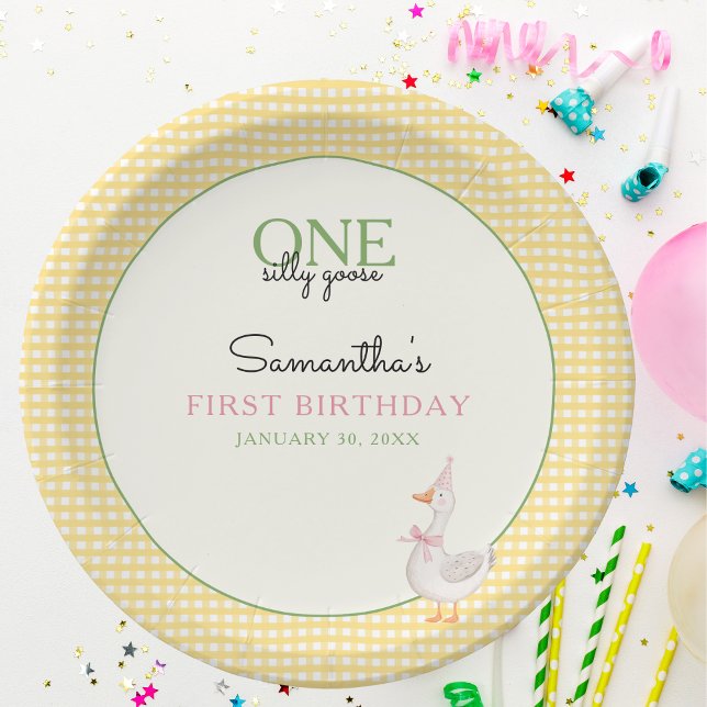 One Silly Goose Pink and Gingham 1st Birthday Paper Plate (One Silly Goose Paper Plate)
