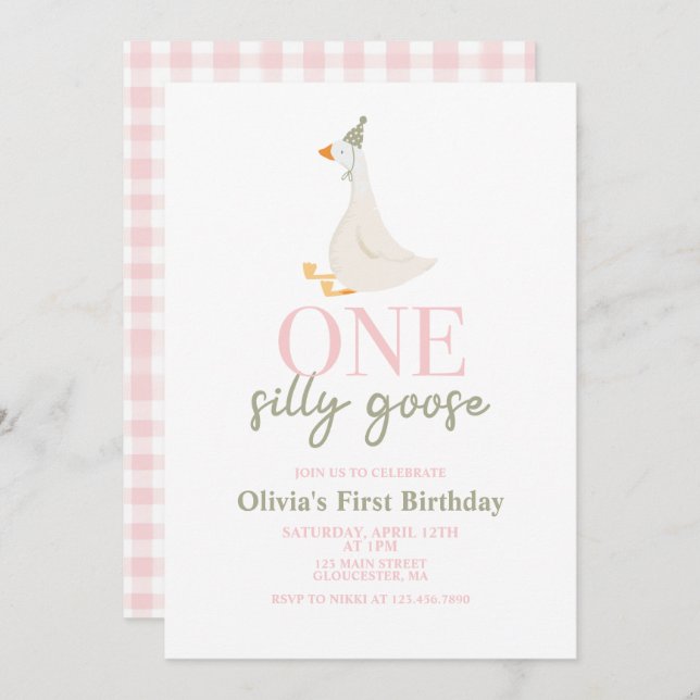 One Silly Goose pink and green Invitation (Front/Back)