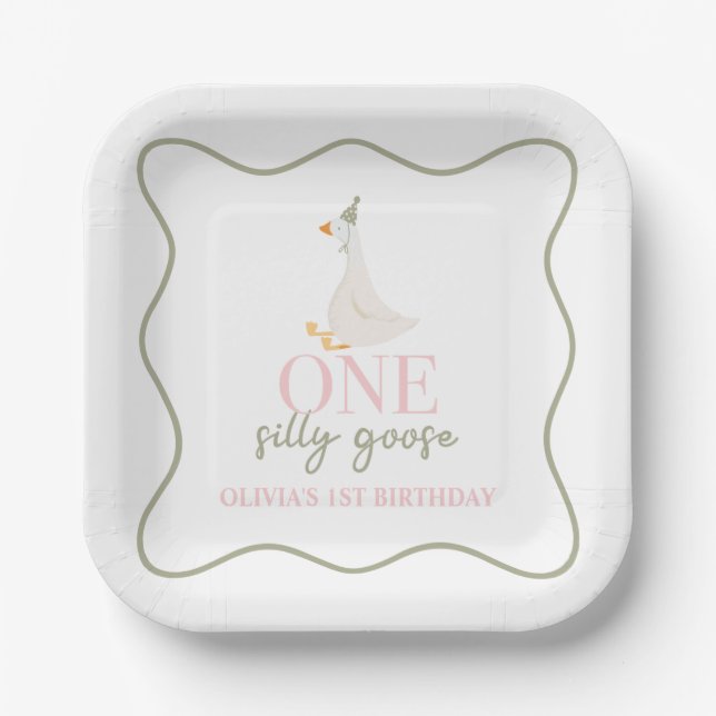 One Silly Goose pink and green Paper Plate (Front)
