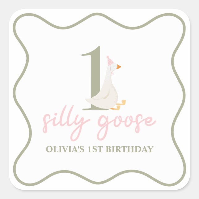 One Silly Goose pink and green Square Sticker (Front)