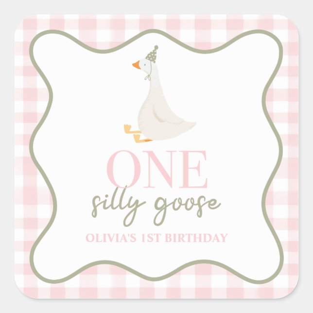 One Silly Goose pink and green Square Sticker (Front)