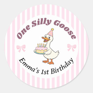 One Silly Goose Pink Bow 1st Birthday Classic Round Sticker