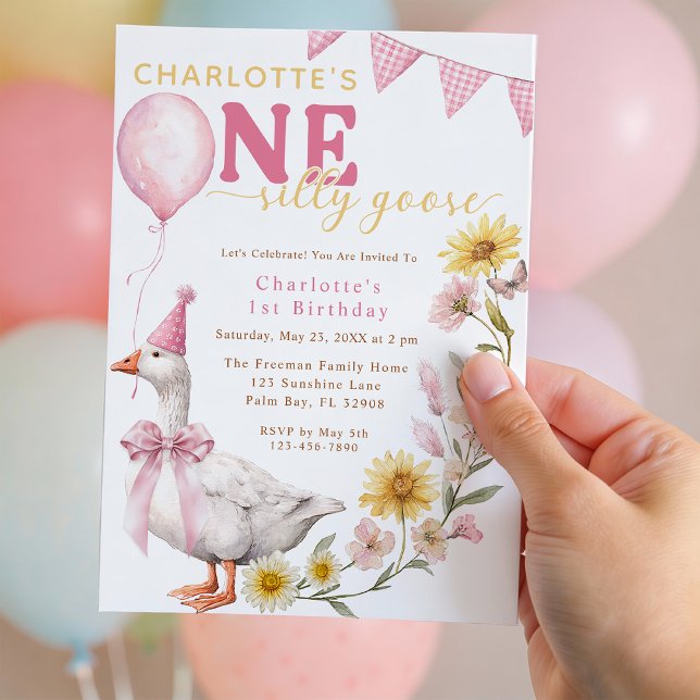 One Silly Goose Pink Bow 1st Birthday Invitation (One Silly Goose 1st Birthday Invitation)
