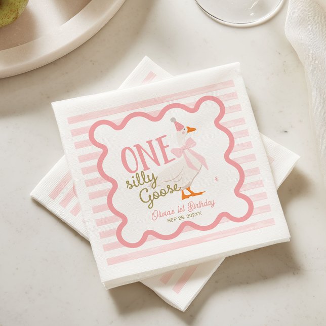 One Silly Goose Pink Bow 1st Birthday Napkin (Creator Uploaded)