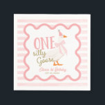 One Silly Goose Pink Bow 1st Birthday Napkin<br><div class="desc">Get ready to celebrate your little one’s first birthday with the One Silly Goose 1st Birthday Suite! This charming suite features an adorable goose wearing a cute pink bow, surrounded by a retro-inspired frame on a pink and white striped background. It’s perfect for capturing all those joyful moments! CUSTOMIZATION: If...</div>