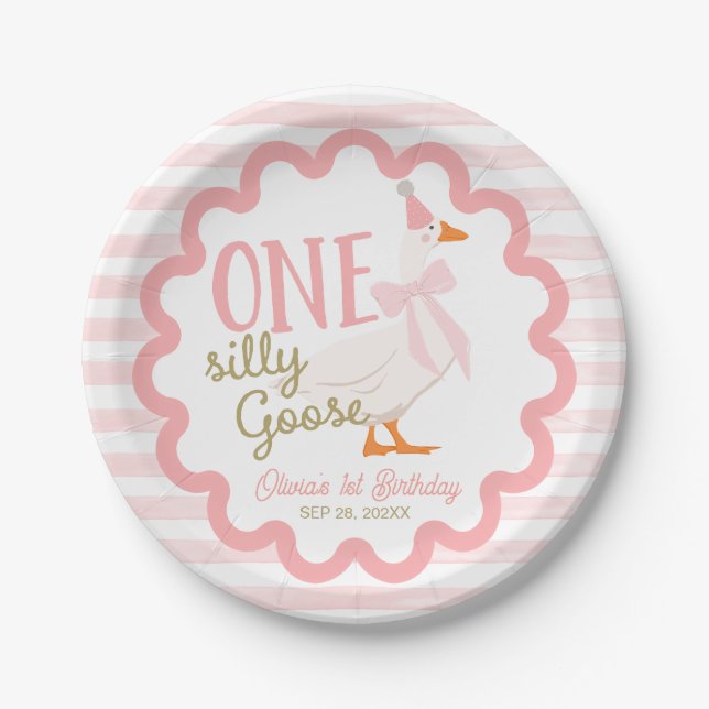 One Silly Goose Pink Bow 1st Birthday Paper Plate (Front)