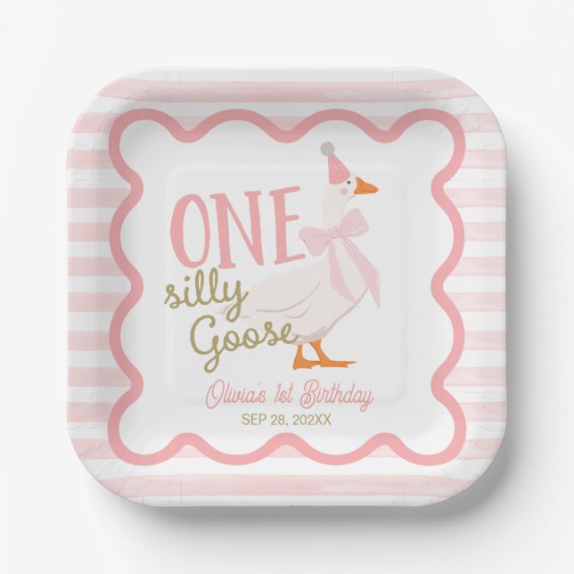 One Silly Goose Pink Bow 1st Birthday Paper Plate (Front)