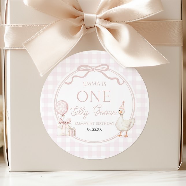 ONE Silly Goose Pink Bow 1st Birthday Party Classic Round Sticker (Creator Uploaded)