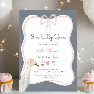 One Silly Goose Pink Bow 1st Birthday Party Invitation