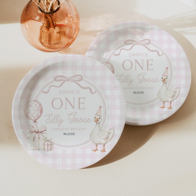 ONE Silly Goose Pink Bow 1st Birthday Party Paper Plate (Creator Uploaded)