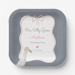 One Silly Goose Pink Bow 1st Birthday Party Paper Plate