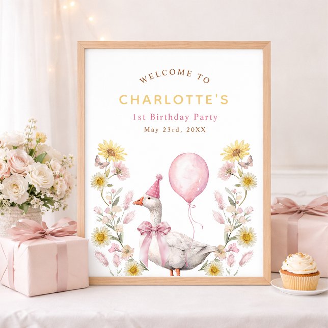 One Silly Goose Pink Bow 1st Birthday Welcome  Poster (Welcome Sign Poster)