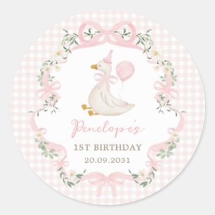 One Silly Goose Pink Bow Balloon Girl Birthday Classic Round Sticker