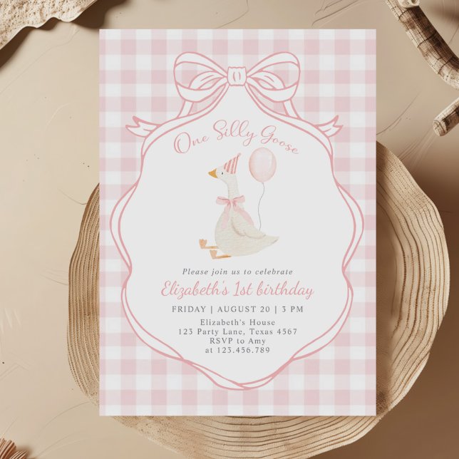 One Silly Goose Pink Bow First Birthday Invitation (Creator Uploaded)