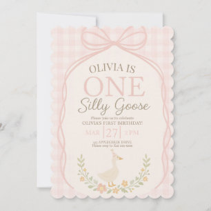 One Silly Goose Pink Bow Floral 1st Birthday  Invitation