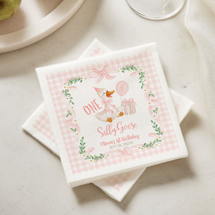 One Silly Goose Pink Bow Floral 1st Birthday Napkin