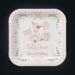 One Silly Goose Pink Bow Floral 1st Birthday Paper Plate<br><div class="desc">Get ready to celebrate your little one’s first birthday with the One Silly Goose 1st Birthday Suite! This charming suite features an adorable goose wearing a cute pink bow, surrounded by sweet daisy flowers and cheerful greenery. All this cuteness comes together against a fun pink-checkered watercolor backdrop, making it perfect...</div>