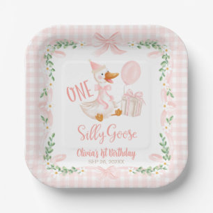 One Silly Goose Pink Bow Floral 1st Birthday Paper Plate