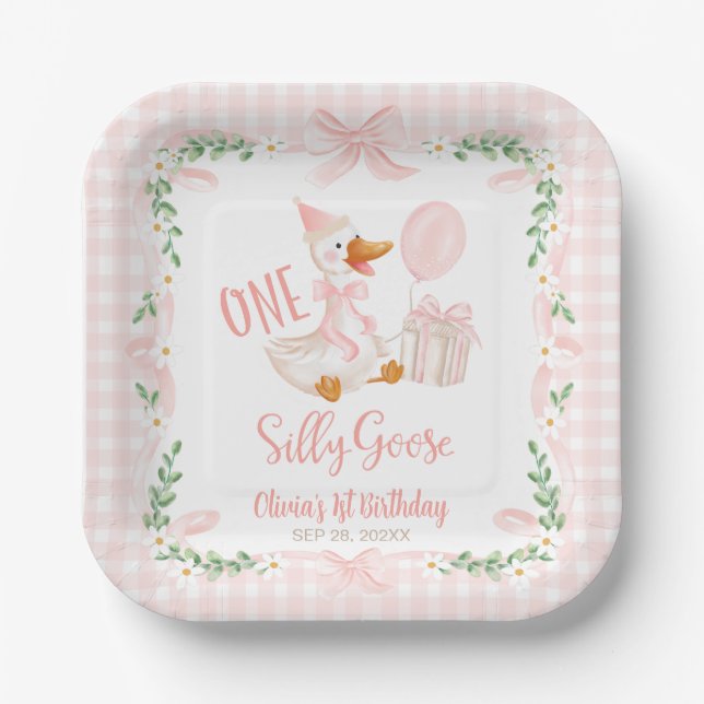 One Silly Goose Pink Bow Floral 1st Birthday Paper Plate (Front)