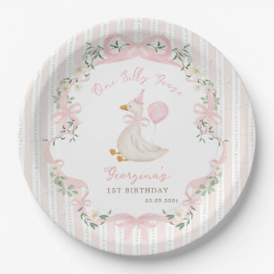 One Silly Goose Pink Bow Floral 1st Birthday Paper Plate