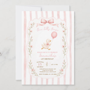 One Silly Goose Pink Bow Girl 1st Birthday Invitation