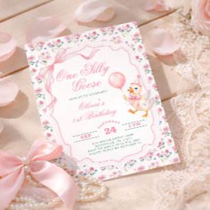 One Silly Goose Pink Bow Girl 1st Birthday Invitation