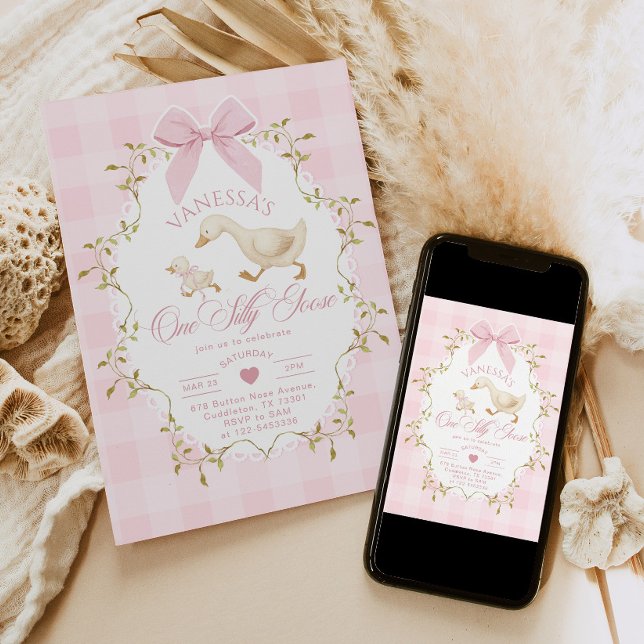 One Silly Goose Pink Bow Girl 1st Birthday Invitation (Creator Uploaded)