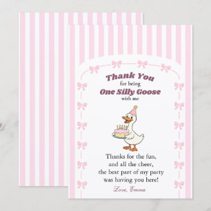 One Silly Goose Pink Bow Girl 1st Birthday Party Thank You Card