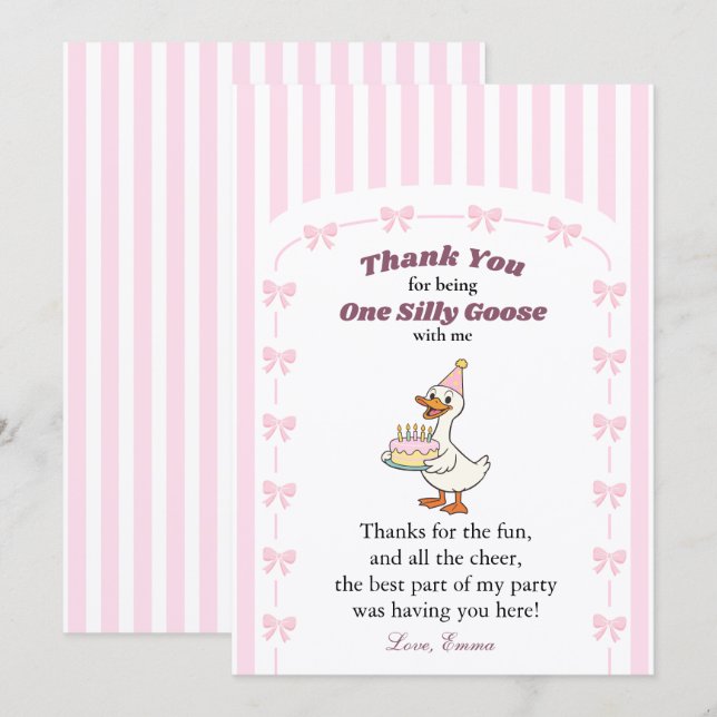 One Silly Goose Pink Bow Girl 1st Birthday Party Thank You Card (Front/Back)