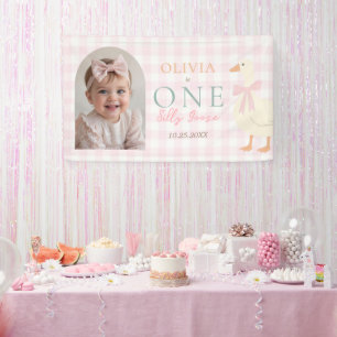 One Silly Goose Pink Bow Girl 1st Birthday Photo Banner