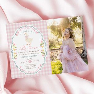  One Silly Goose Pink Bow Girl 1st Birthday Photo Invitation