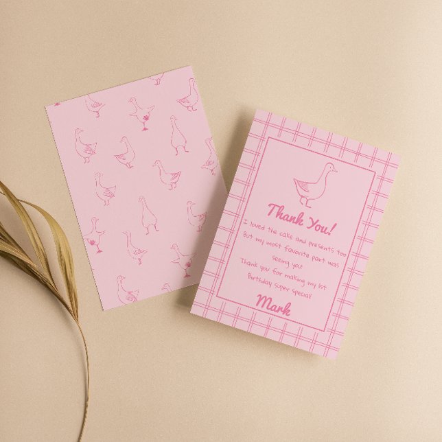 One Silly Goose Pink Drawn 1st Birthday Thank You Card (Creator Uploaded)