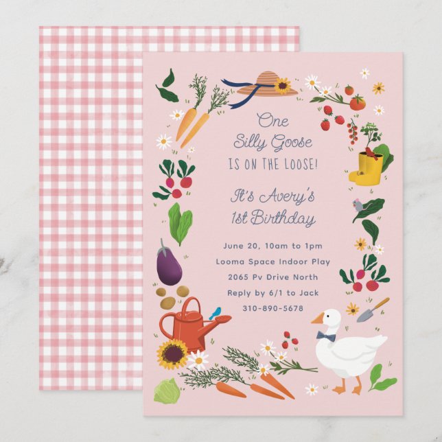 One Silly Goose Pink Farmer Garden Theme Birthday Invitation (Front/Back)