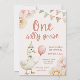 One Silly Goose Pink Floral 1st Birthday Invitation