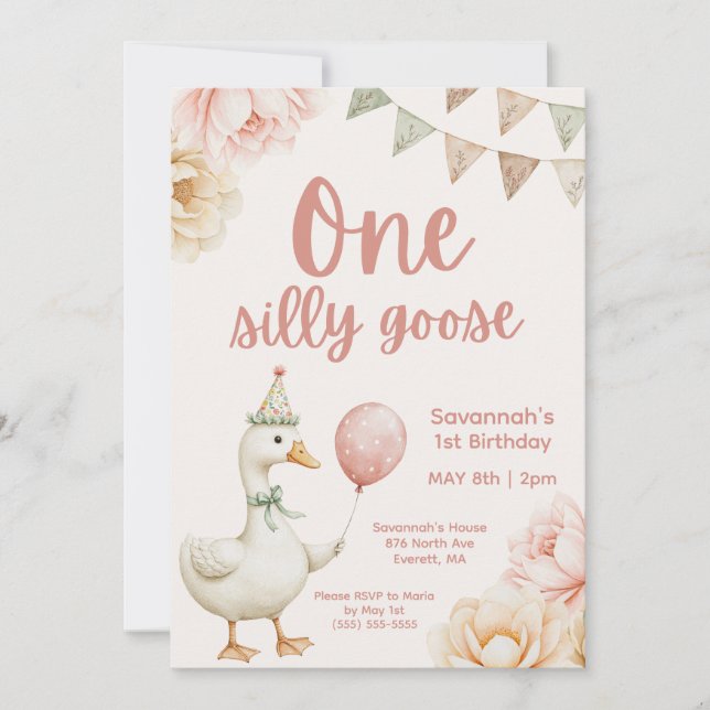 One Silly Goose Pink Floral 1st Birthday  Invitation (Front)