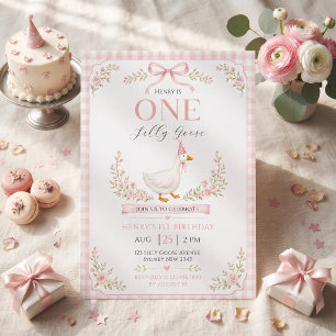 One Silly Goose Pink Floral 1st Birthday Invitation