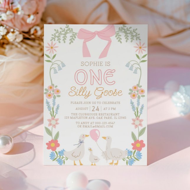 One Silly Goose Pink Floral 1st Birthday Invitation (Creator Uploaded)