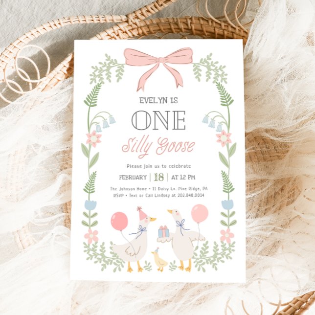 One Silly Goose Pink Floral 1st Birthday Invitation (Creator Uploaded)