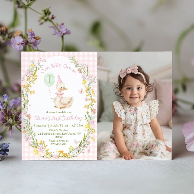 One Silly Goose Pink Floral Birthday Photo Invite (Creator Uploaded)