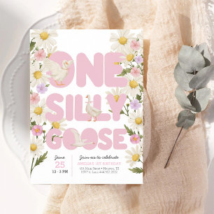 One Silly Goose Pink Floral Girl 1st Birthday Invitation